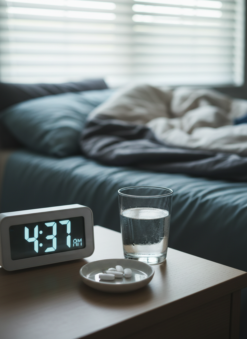 A close-up of a bedside digital alarm clock showing an early morning hour, resting on a light wood nightstand beside a half-full glass of water with faint condensation and a small ceramic dish containing neatly arranged, unmarked white tablets, photographed so labels and text are not visible. Behind them, a soft-focus view of a rumpled but inviting bed with layered blankets in calming blues and grays suggests rest after a difficult night. Cool dawn light seeps through partially open blinds, creating a mix of soft highlights and gentle stripes of shadow. Photographic realism with a shallow depth of field centers the clock and water glass, expressing vulnerability, perseverance, and quiet hope.