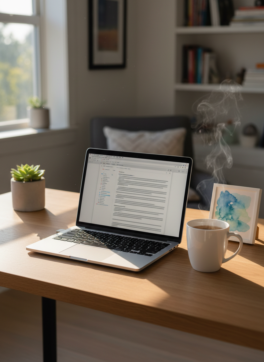 A serene home workspace featuring a sleek laptop on a light oak desk, its screen glowing softly with an open document full of blurred lines that suggest written updates without legible text. Beside it, a ceramic mug of herbal tea steams gently, next to a small framed abstract watercolor in soft blues and greens. Early morning natural light streams through a nearby window, pooling across the desk and creating long, quiet shadows. Photographic realism, captured from a three-quarter angle with balanced composition, evokes a professional yet deeply personal space where health updates and reflections are carefully written and shared with a supportive community.