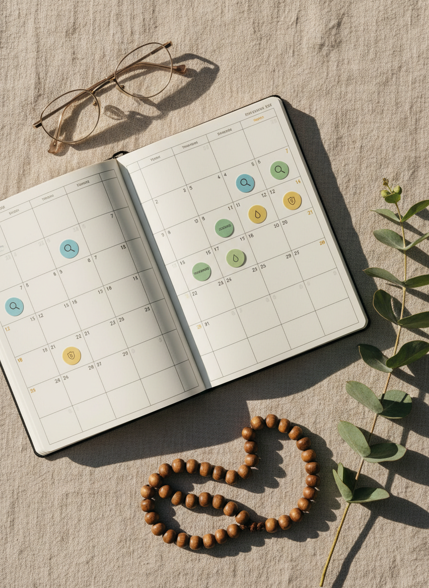 A carefully composed flat lay of a calendar planner open to a month view on a pale linen surface, with several days marked by small, colored circles and subtle icons instead of text, representing treatments, scans, and checkups. Around the planner are a pair of reading glasses, a smooth wooden rosary-like bead strand without a cross, and a sprig of eucalyptus. Soft natural window light falls from the left, creating gentle shadows that add depth without harshness. Photographic realism from a directly overhead angle, capturing every detail sharply and conveying organized care, faith, and hopeful anticipation during a long cancer treatment schedule.
