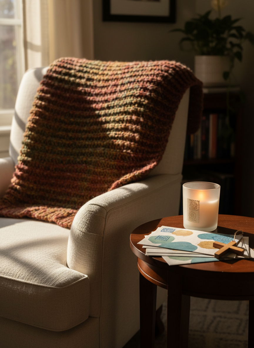 A quiet corner of a living room featuring a plush armchair draped with a soft, knitted throw blanket in warm earth tones, and a small side table holding a lit candle in a frosted glass holder and a stack of neatly arranged envelopes with abstract stamp designs. A simple wooden cross pendant lies beside the candle, representing faith and prayer without overt religious imagery. Gentle golden hour sunlight streams in from an unseen window, wrapping the scene in warm, comforting light. Photographic realism at eye level, with a shallow depth of field that keeps the candle and pendant crisp, expressing peace, intercession, and communal support for ongoing cancer treatment.