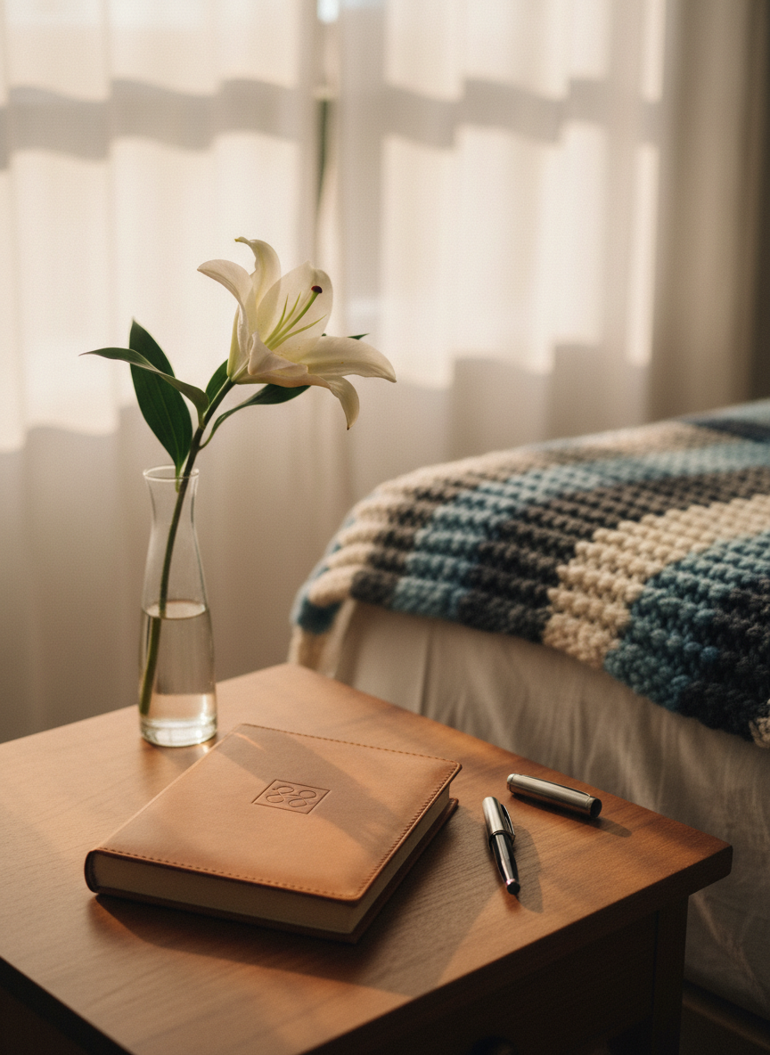 A neatly arranged wooden bedside table in a softly lit bedroom, topped with a well‑worn leather journal labeled with a small, abstract embossed symbol instead of text, a capped pen, and a single white lily in a simple glass vase. In the background, a cozy bed with a folded knitted blanket in muted blues and grays suggests rest and recovery. Late afternoon sunlight filters through sheer curtains, casting gentle, hopeful shadows. Photographic realism at eye level, using a shallow depth of field so the journal is in sharp focus while the bed and window blur softly, creating a calm, reflective mood that conveys personal updates and quiet resilience.