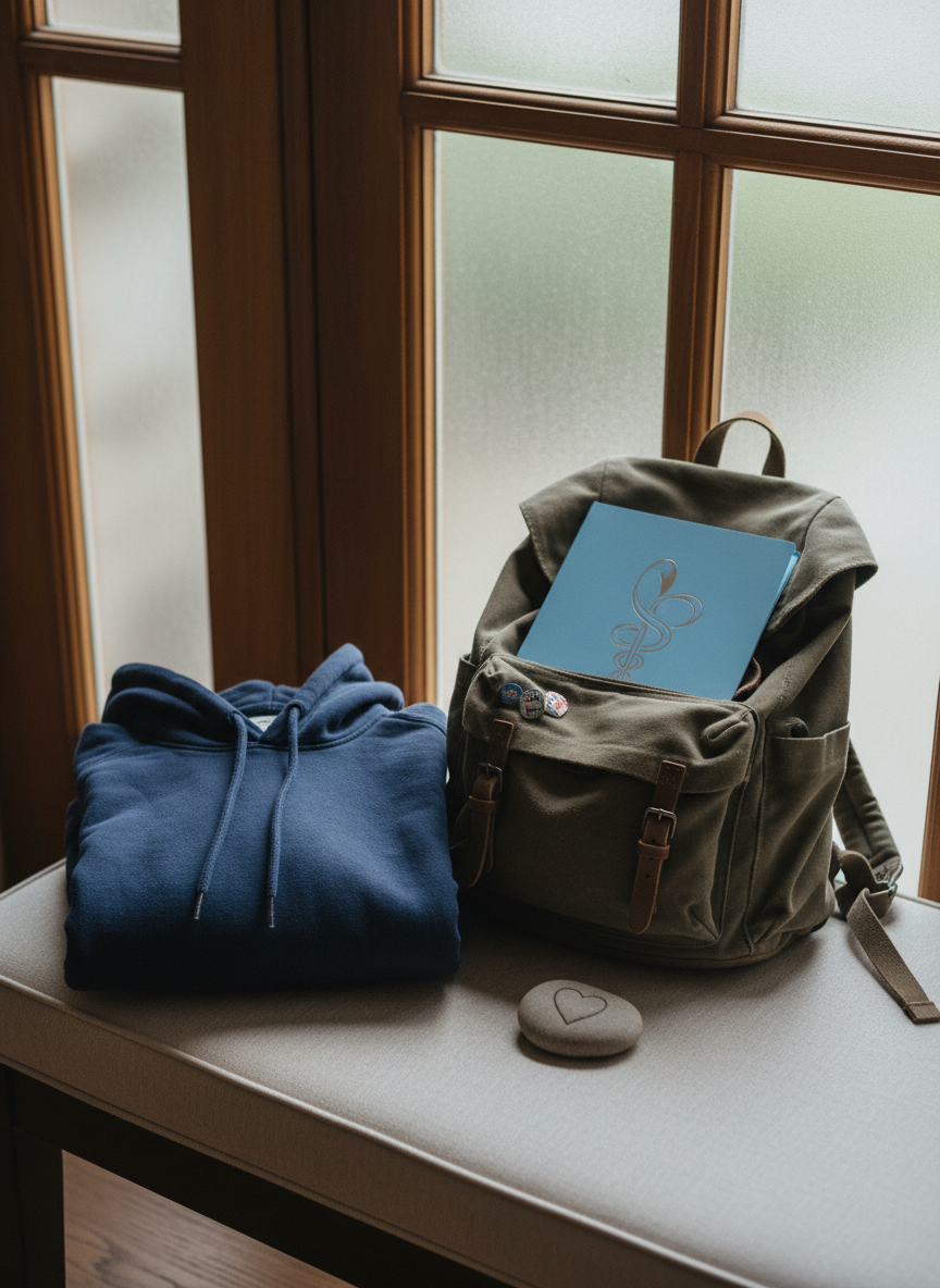 A detailed shot of a soft, folded navy hoodie and a well‑used canvas backpack resting on a cushioned bench near a front door, symbolizing ongoing treatment journeys. Tucked beside the backpack is a slim folder with an abstract medical symbol instead of text, and a small, smooth river stone etched with a simple heart shape. Diffused overcast daylight filters through frosted glass, creating gentle, low-contrast lighting. Photographic realism at a slightly elevated angle, with moderate depth of field to keep all elements in clear focus, conveying a mood of quiet readiness, resilience, and hope during repeated hospital visits without showing any clinical or sterile environments.