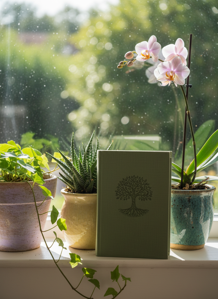 A sunlit windowsill filled with a small cluster of thriving potted plants—succulents, a budding orchid, and a trailing ivy—each in mismatched ceramic pots with subtle textures and pastel glazes. Between the plants sits a closed, clothbound book with a simple debossed symbol on the cover, hinting at stories and updates. Late morning light pours through the glass, creating luminous highlights on the leaves and soft bokeh in the garden beyond. Photographic realism from a slightly low angle, using the rule of thirds to place the book off-center, evoking growth, healing, and steady hope through changing days of a long cancer journey.