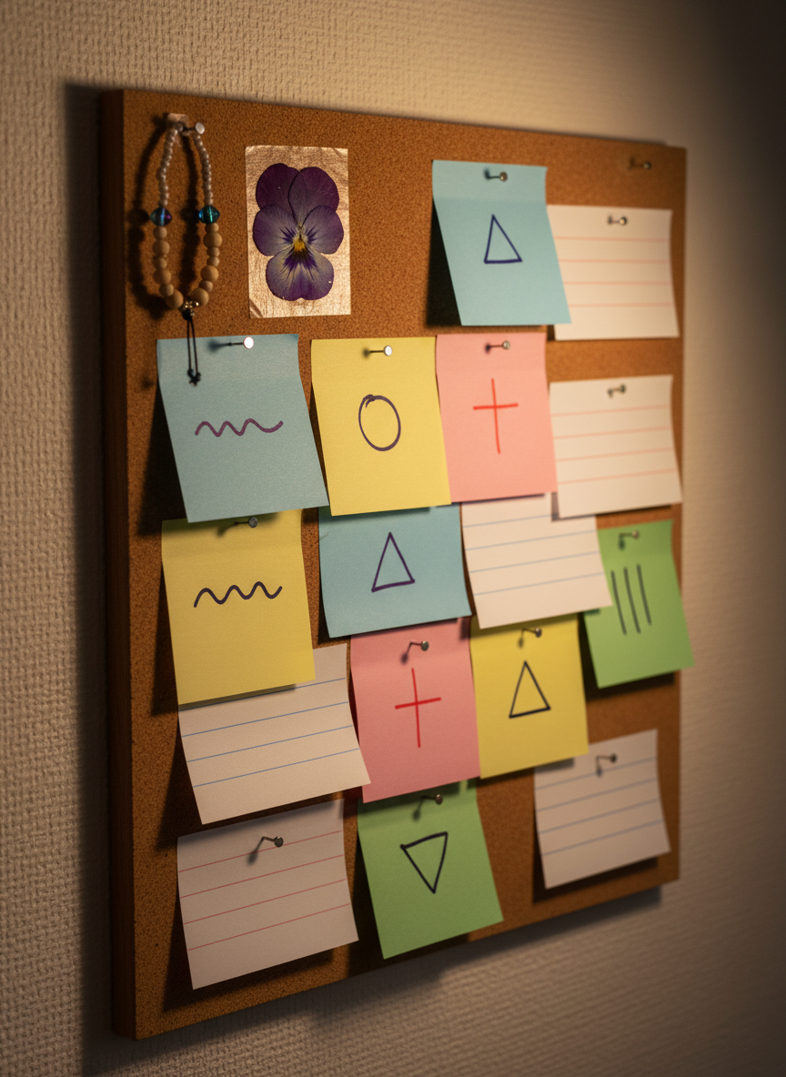 A close-up of a small corkboard on a softly textured wall, covered with colorful sticky notes and index cards that display only simple shapes and lines instead of words, symbolizing many prayer requests and messages of support. A delicate beaded bracelet hangs from a pushpin, next to a tiny pressed flower taped to the board. Warm desk lamp light illuminates the center, fading to gentle shadows at the edges. Photographic realism from a slightly angled perspective, with a shallow depth of field emphasizing the middle of the board, creating a feeling of community, concern, and hopeful connection without showing any people.